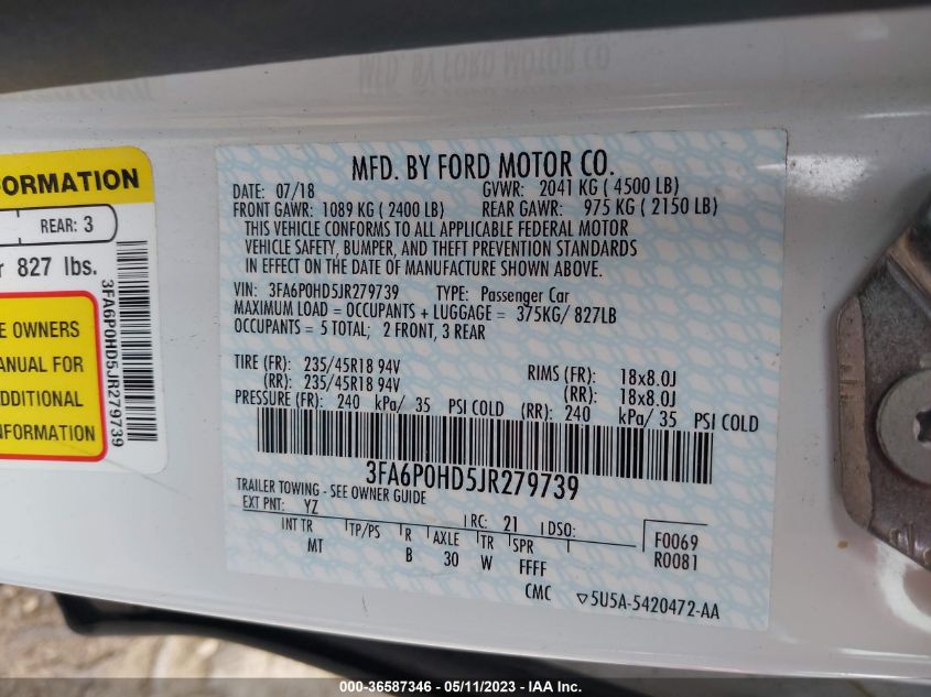 2018 FORD FUSION SE - 3FA6P0HD5JR279739