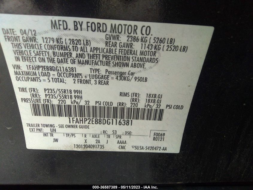 2013 FORD TAURUS SEL - 1FAHP2E88DG116381