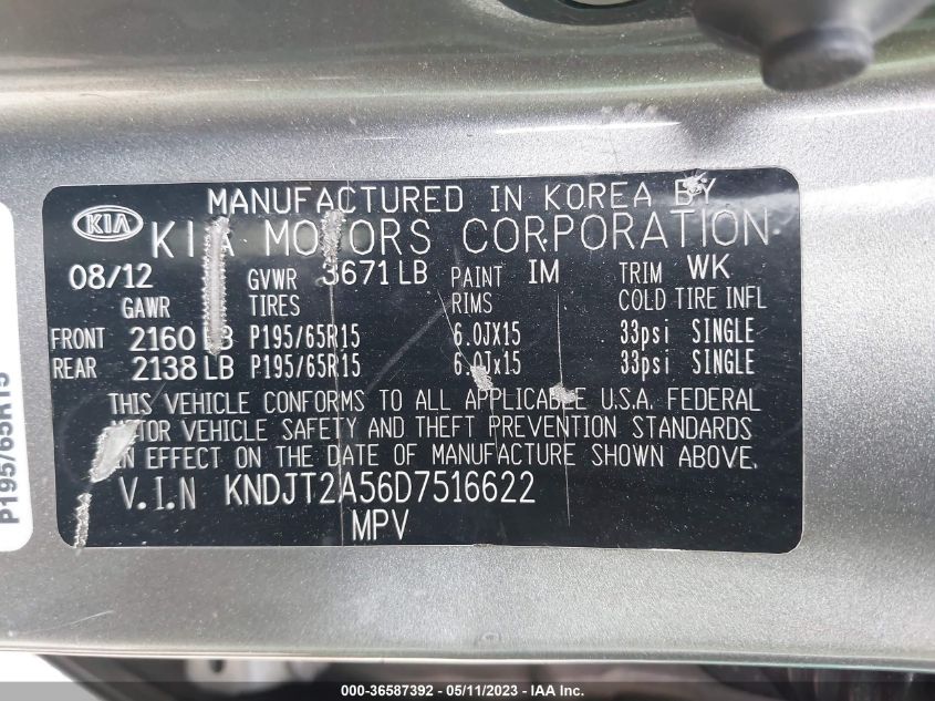 2013 KIA SOUL BASE - KNDJT2A56D7516622