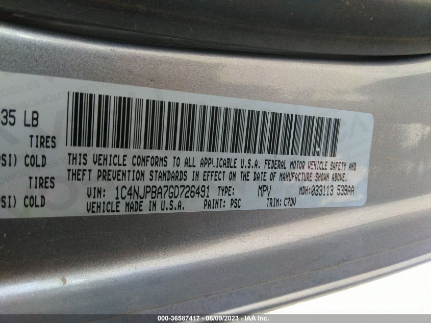 2016 JEEP PATRIOT SPORT - 1C4NJPBA7GD726491
