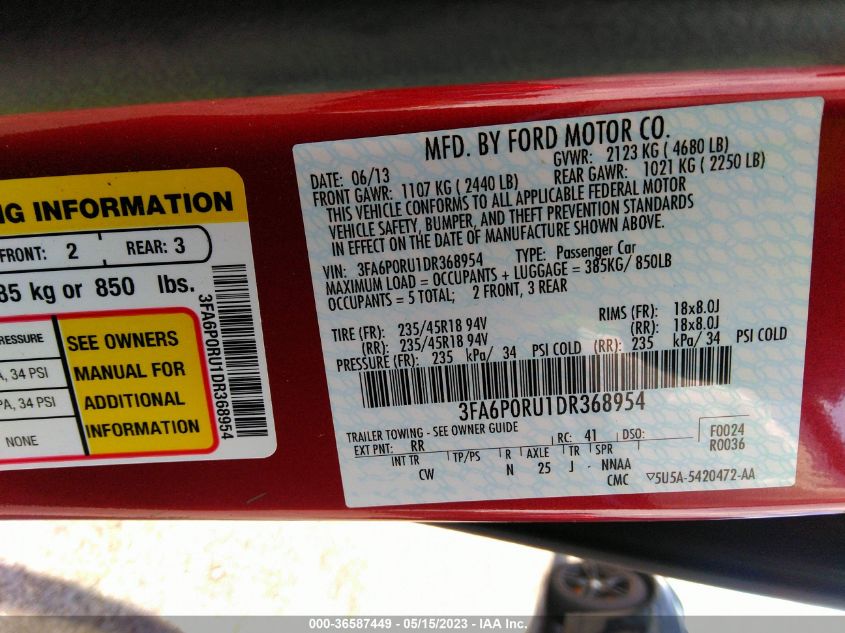 2013 FORD FUSION TITANIUM HYBRID - 3FA6P0RU1DR368954