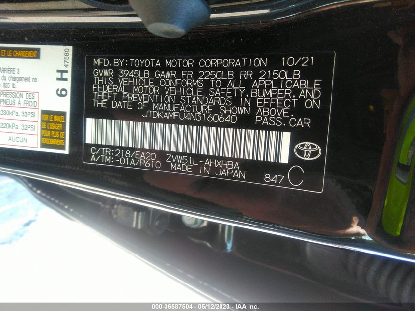 VIN JTDKAMFU4N3160640 2022 TOYOTA PRIUS L
