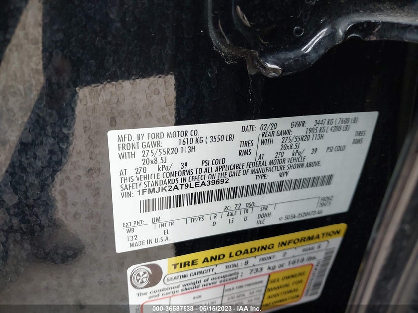 VIN 1FMJK2AT9LEA39692 2020 FORD EXPEDITION MAX LIMITED
