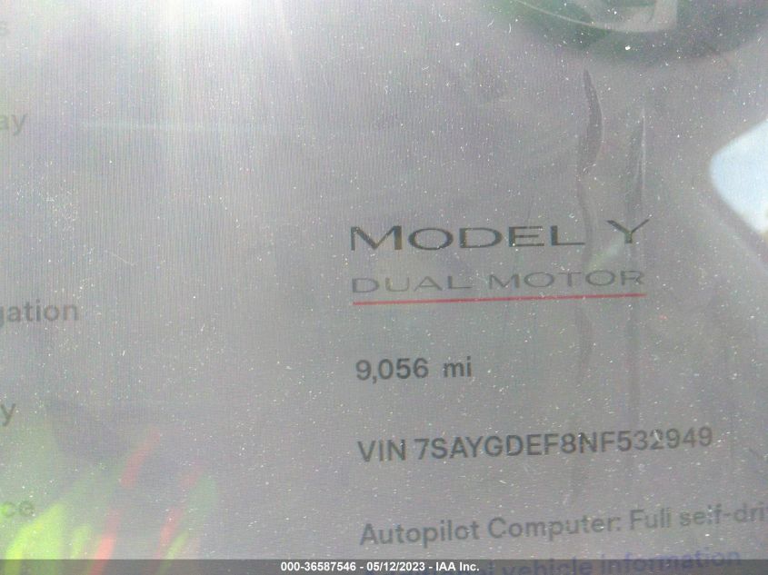 2022 TESLA MODEL Y PERFORMANCE - 7SAYGDEF8NF532949