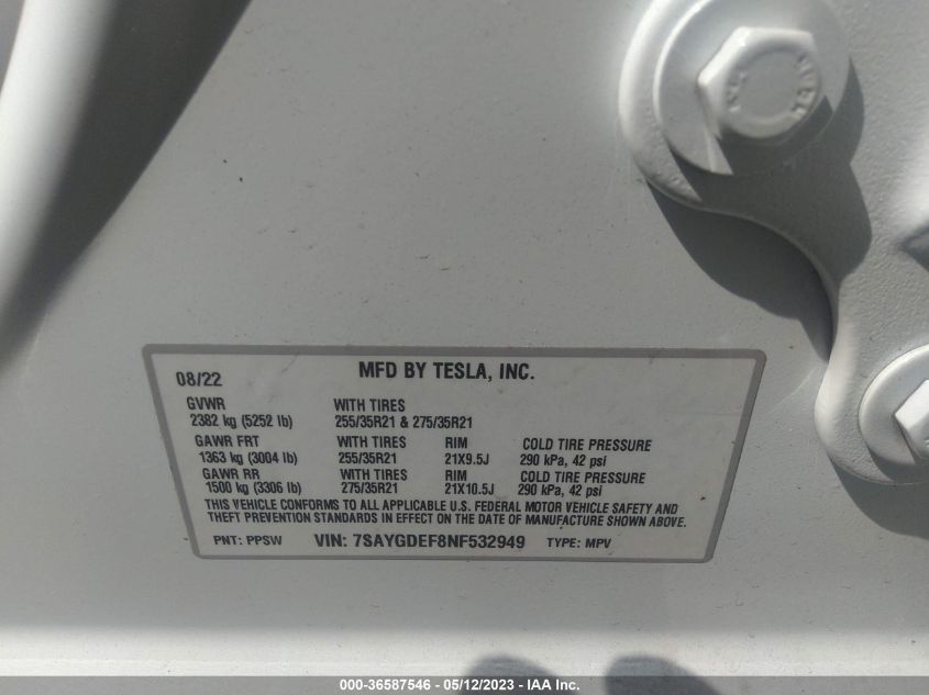 2022 TESLA MODEL Y PERFORMANCE - 7SAYGDEF8NF532949