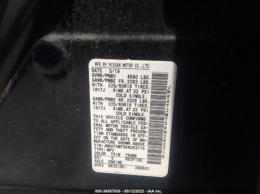 2019 NISSAN ROGUE SV - JN8AT2MT5KW263715