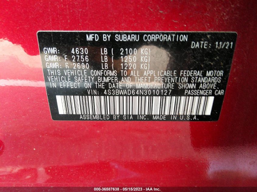 2022 SUBARU LEGACY PREMIUM - 4S3BWAD64N3010127