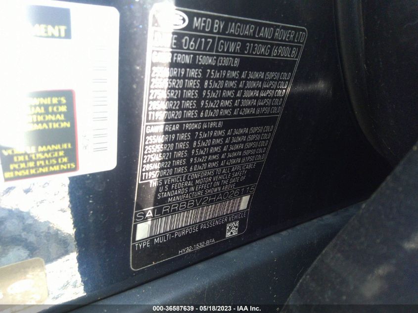 2017 LAND ROVER DISCOVERY HSE SALRRBBV2HA026115