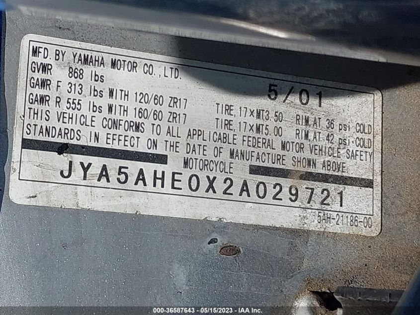 2002 YAMAHA YZF600 R - JYA5AHE0X2A029721