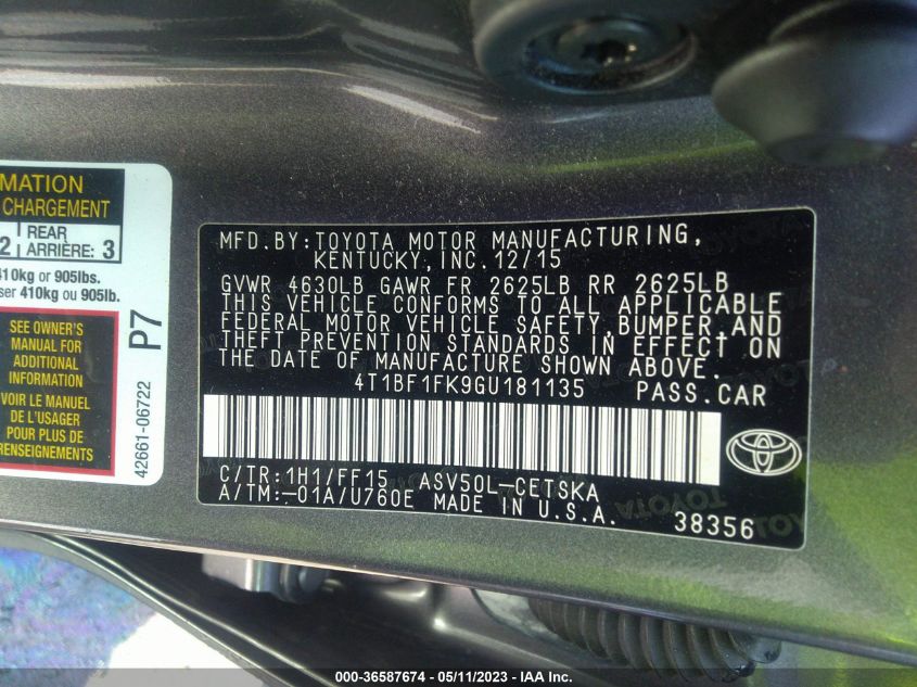 2016 TOYOTA CAMRY XLE/SE/LE/XSE - 4T1BF1FK9GU181135