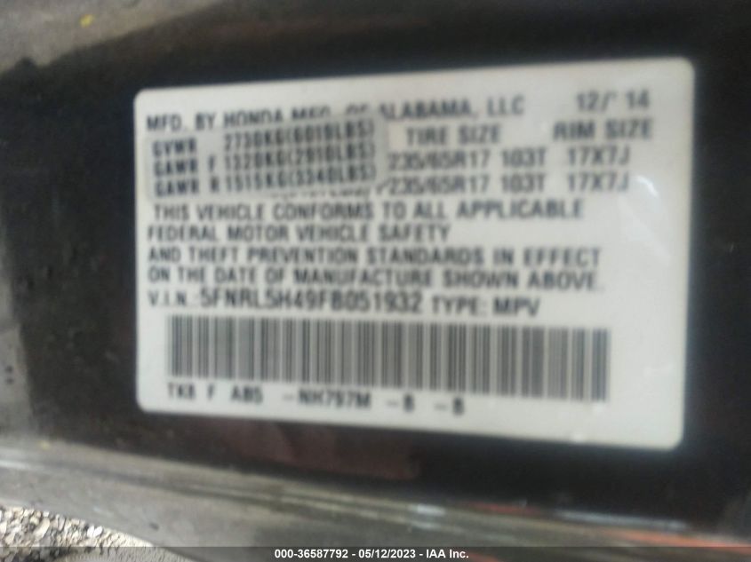 2015 HONDA ODYSSEY EX - 5FNRL5H49FB051932