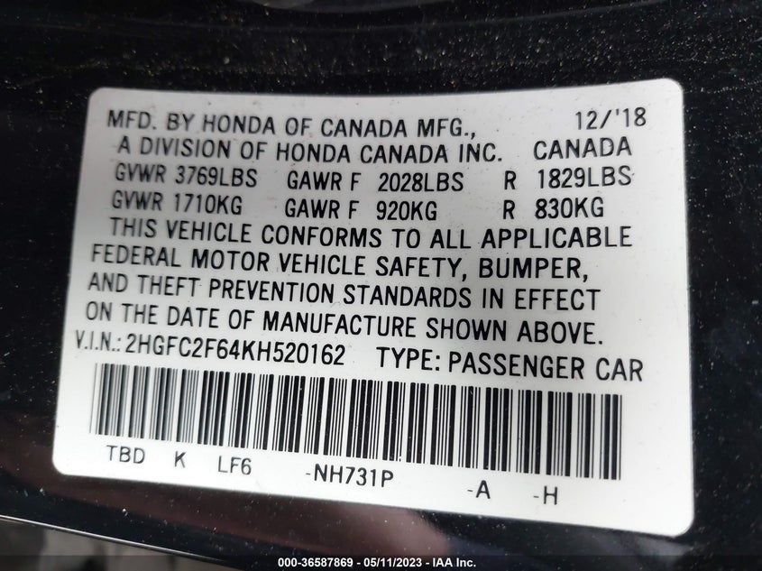VIN 2HGFC2F64KH520162 2019 HONDA CIVIC SEDAN LX