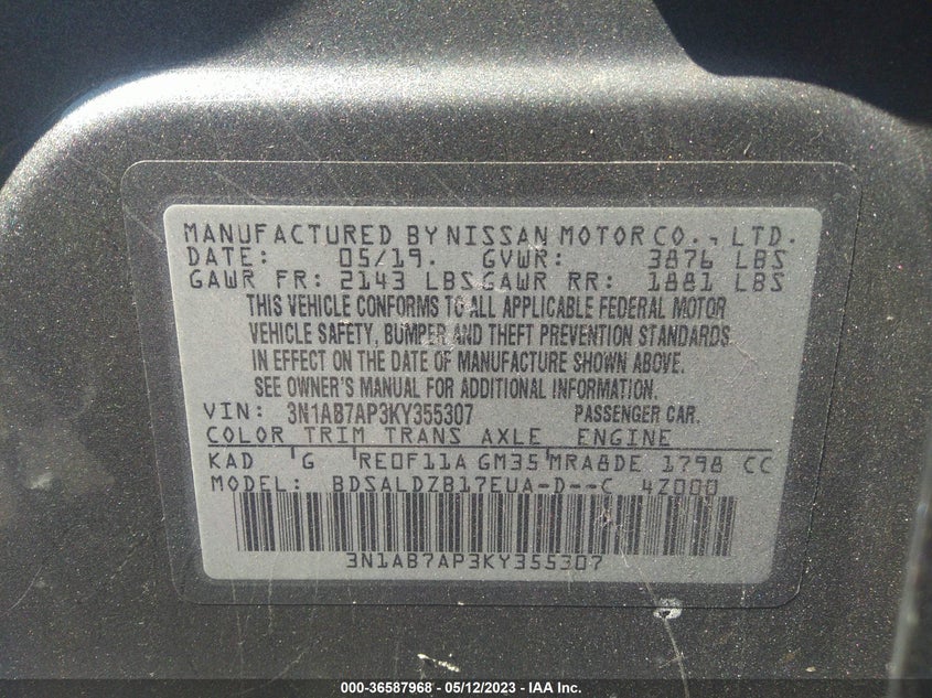 VIN 3N1AB7AP3KY355307 2019 NISSAN SENTRA SV