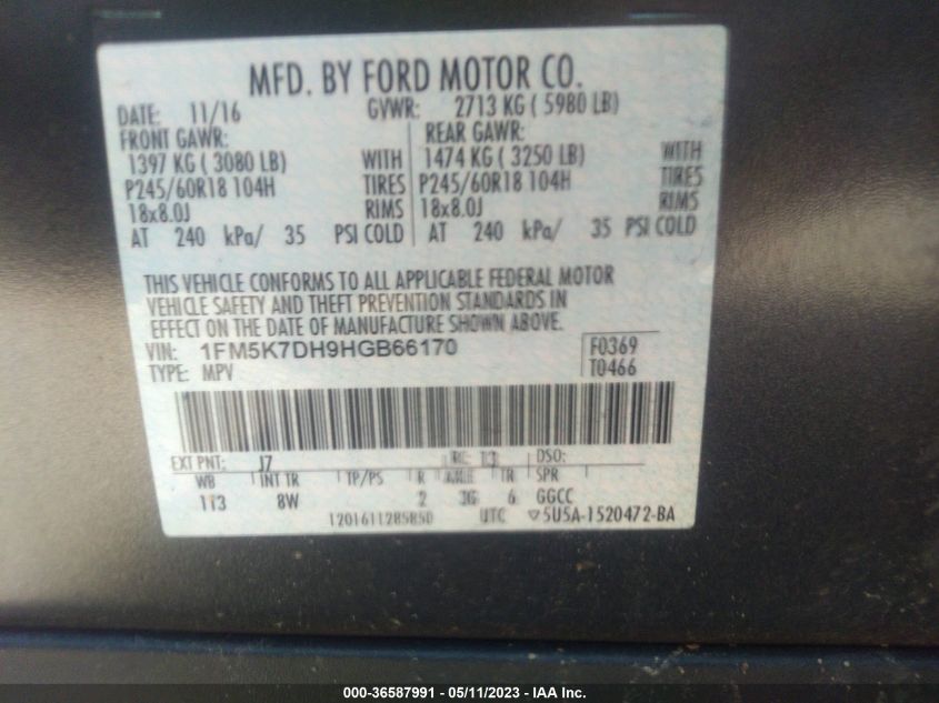 2017 FORD EXPLORER XLT - 1FM5K7DH9HGB66170