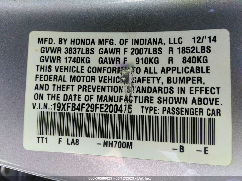 2015 HONDA CIVIC HYBRID - 19XFB4F29FE200475