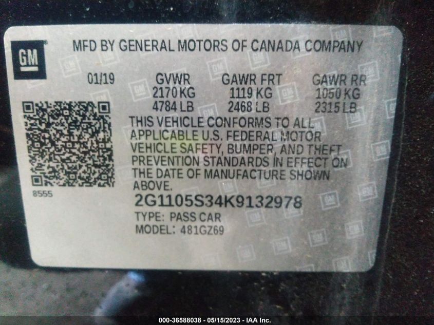 2019 CHEVROLET IMPALA PREMIER - 2G1105S34K9132978
