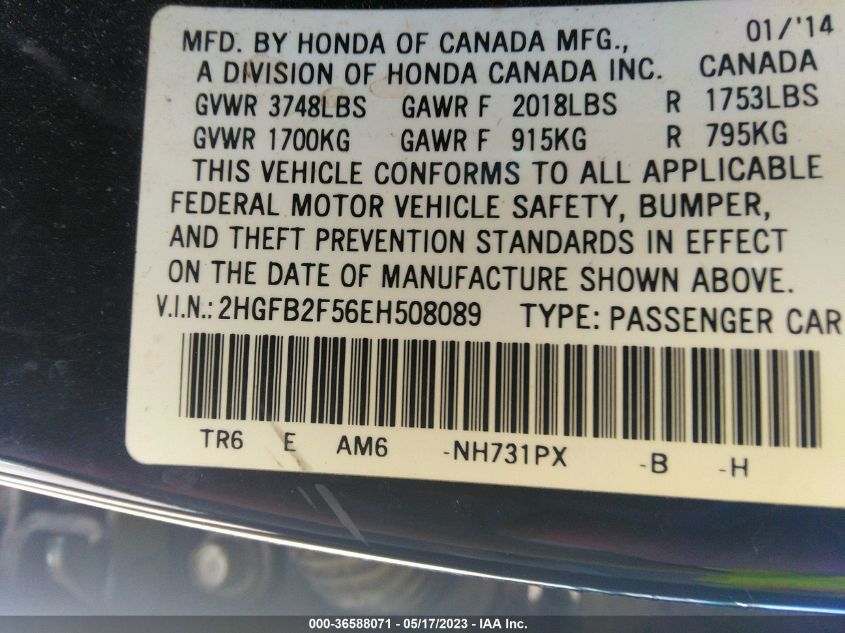 2014 HONDA CIVIC SEDAN LX - 2HGFB2F56EH508089