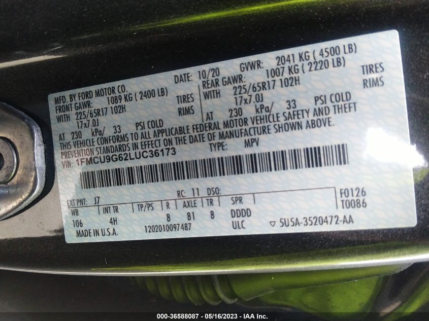 2020 FORD ESCAPE SE - 1FMCU9G62LUC36173