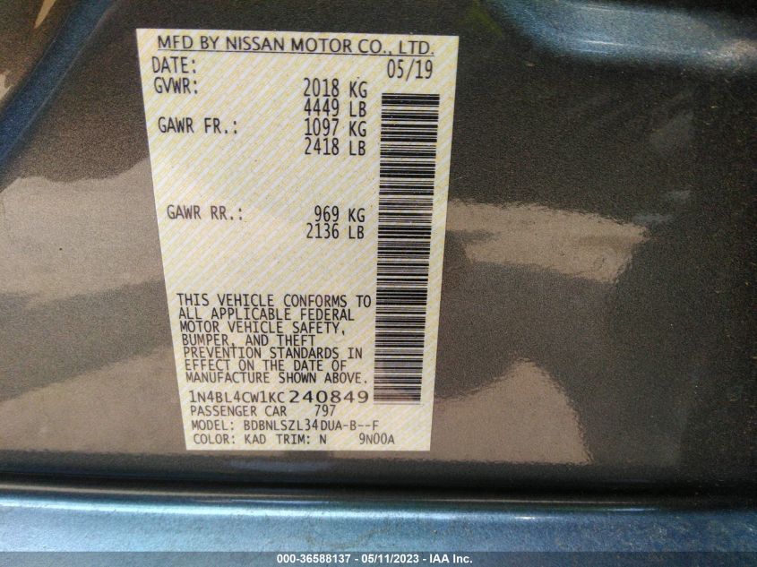 2019 NISSAN ALTIMA 2.5 SR - 1N4BL4CW1KC240849