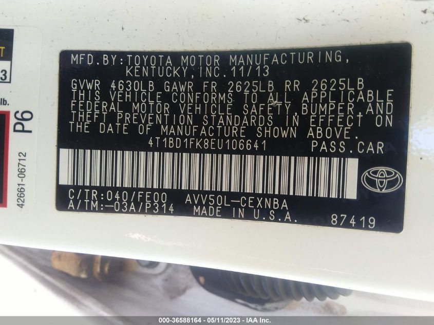 2014 TOYOTA CAMRY HYBRID LE/XLE/SE LIMITED EDITION - 4T1BD1FK8EU106641