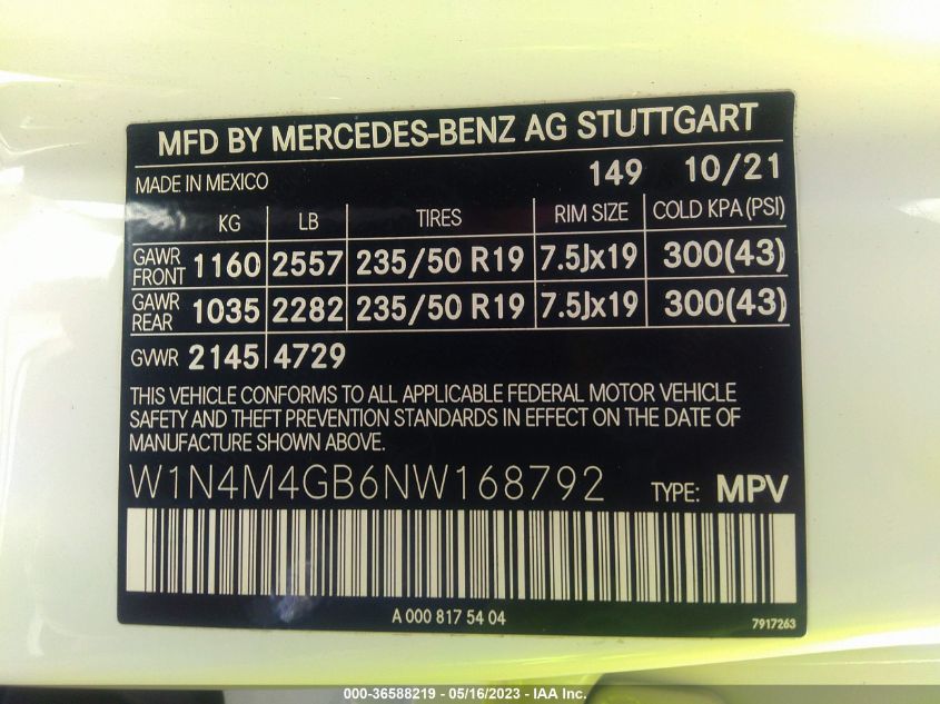 2022 MERCEDES-BENZ GLB GLB 250 W1N4M4GB6NW168792