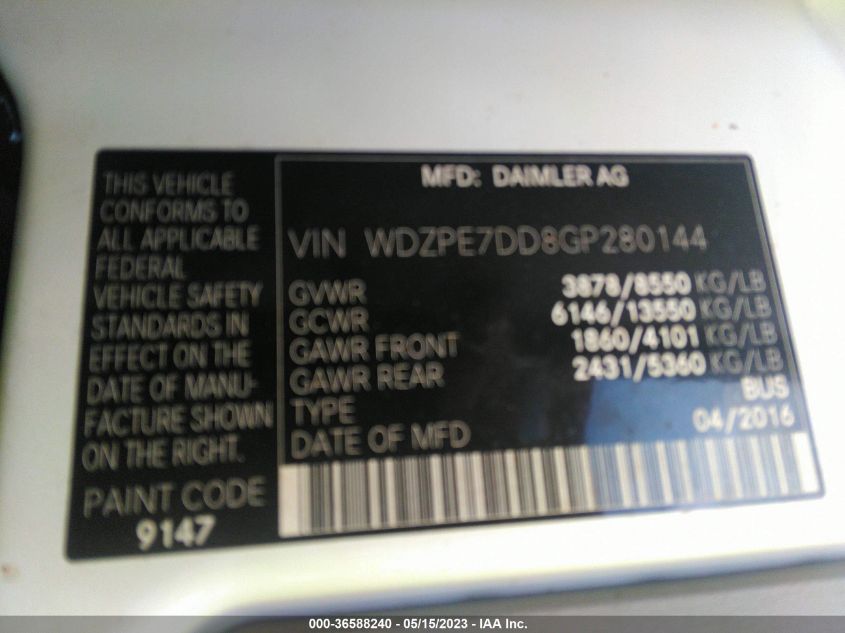2016 MERCEDES-BENZ SPRINTER PASSENGER VANS - WDZPE7DD8GP280144