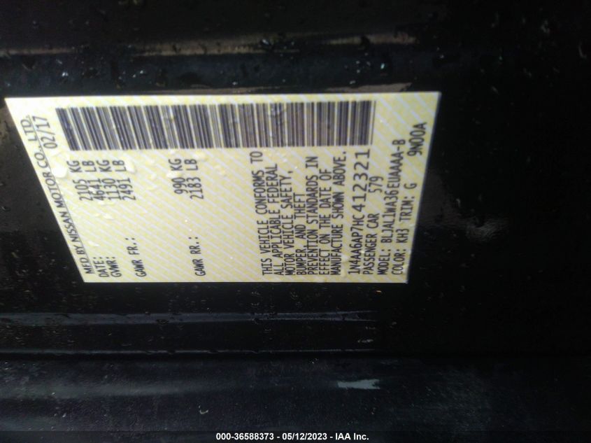2017 NISSAN MAXIMA SR - 1N4AA6AP7HC412321