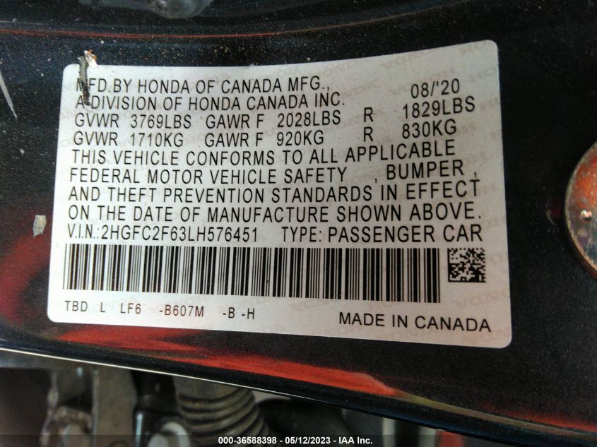 2020 HONDA CIVIC SEDAN LX - 2HGFC2F63LH576451
