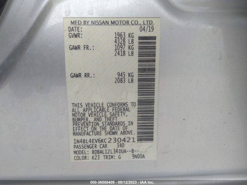 2019 NISSAN ALTIMA 2.5 SL - 1N4BL4EV6KC230421