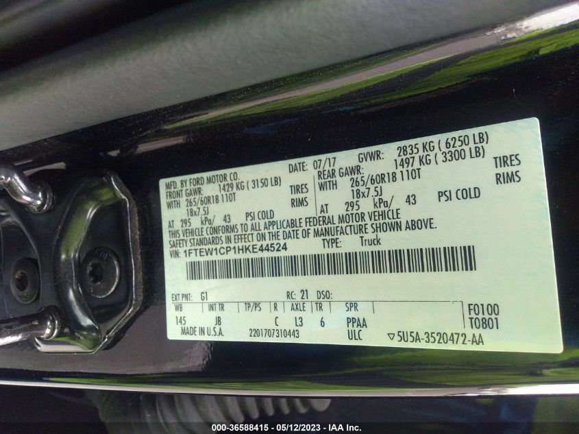 2017 FORD F-150 XL/XLT/LARIAT - 1FTEW1CP1HKE44524