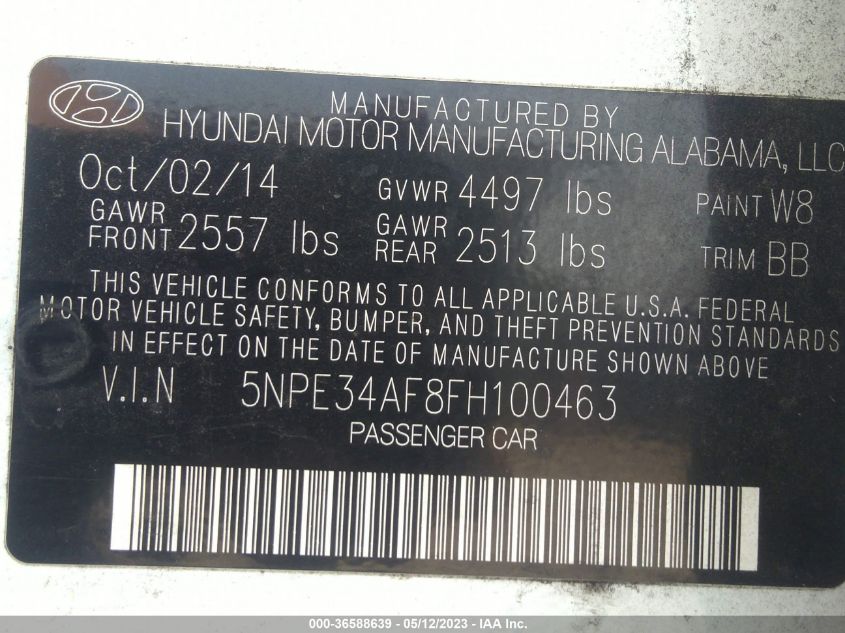 2015 HYUNDAI SONATA 2.4L LIMITED - 5NPE34AF8FH100463
