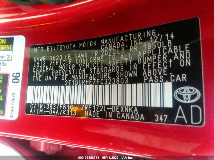 2015 TOYOTA COROLLA L/LE/S/S PLUS/LE PLUS - 2T1BURHE7FC323803