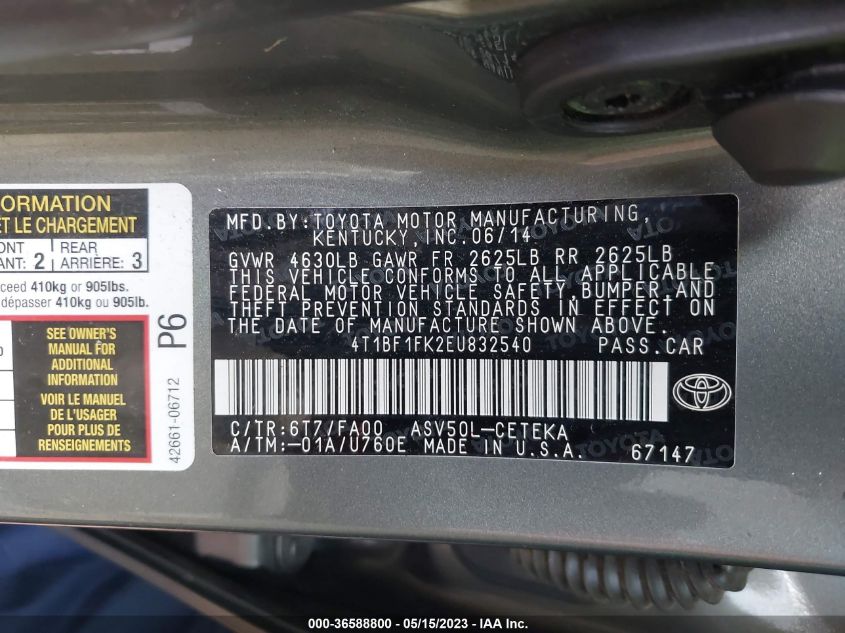 2014 TOYOTA CAMRY L/LE/XLE/SE/SE SPORT - 4T1BF1FK2EU832540