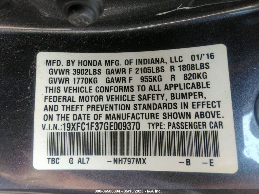 2016 HONDA CIVIC SEDAN EX-T - 19XFC1F37GE009370