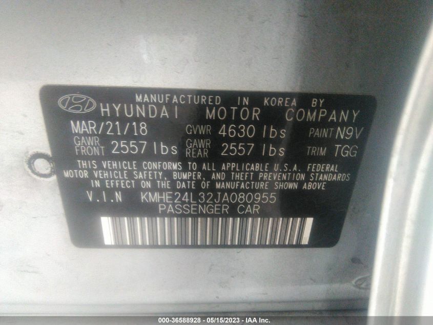 2018 HYUNDAI SONATA HYBRID SE - KMHE24L32JA080955
