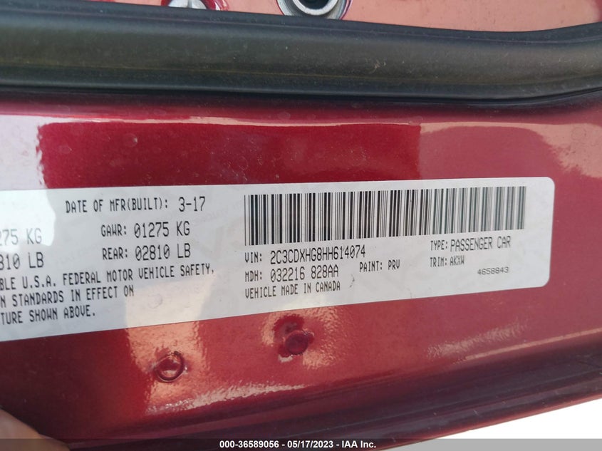 VIN 2C3CDXHG8HH614074 2017 DODGE CHARGER SXT