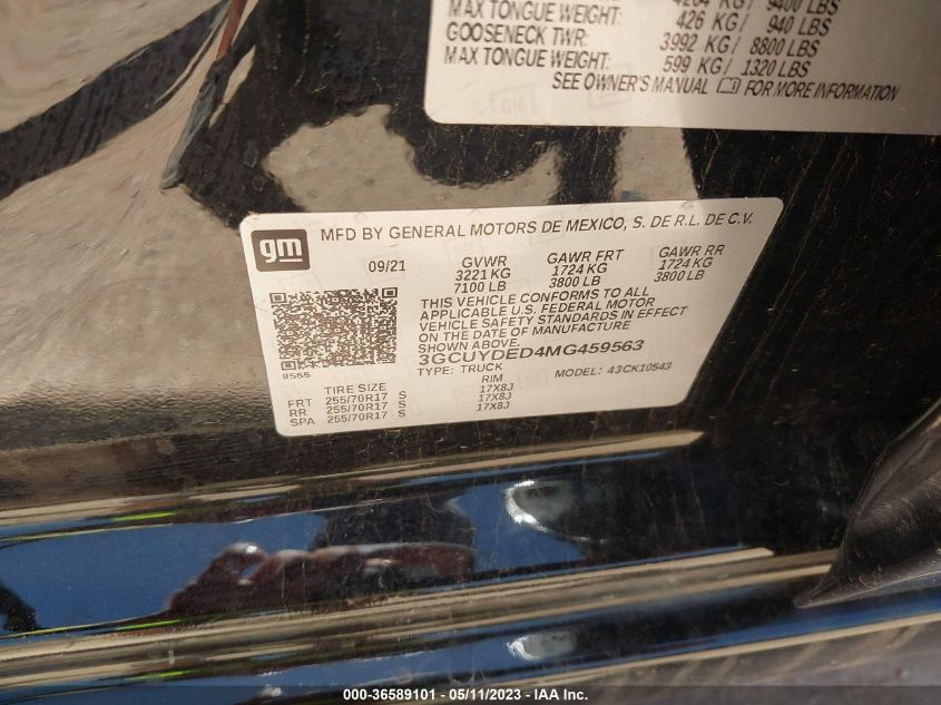 2021 CHEVROLET SILVERADO 1500 LT - 3GCUYDED4MG459563
