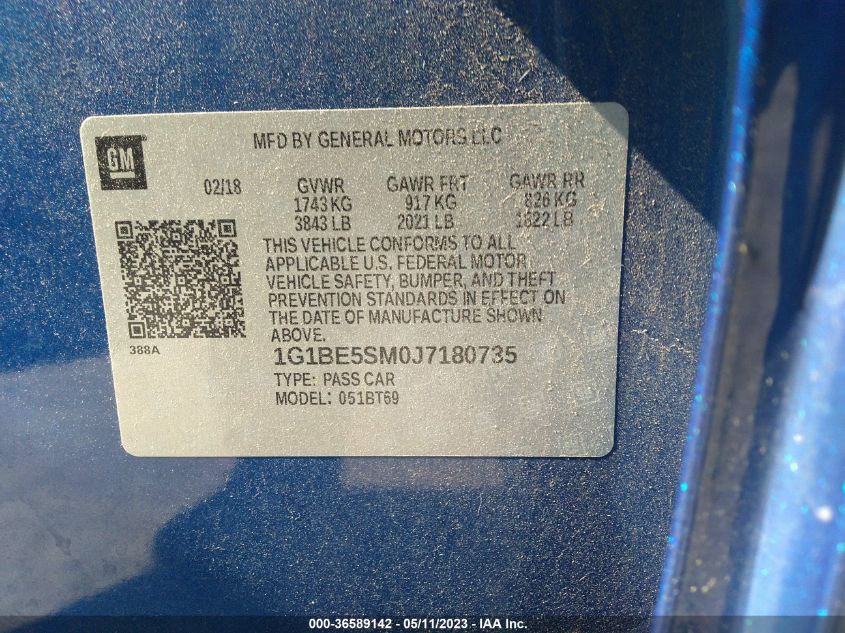 2018 CHEVROLET CRUZE LT - 1G1BE5SM0J7180735