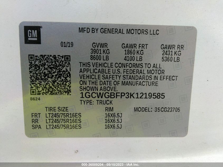 2019 CHEVROLET EXPRESS 2500 WORK VAN 1GCWGBFP3K1219585