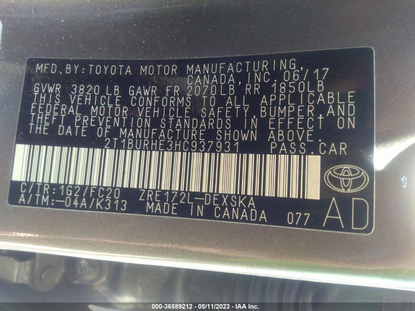 2017 TOYOTA COROLLA L/LE/XLE/SE - 2T1BURHE3HC937931