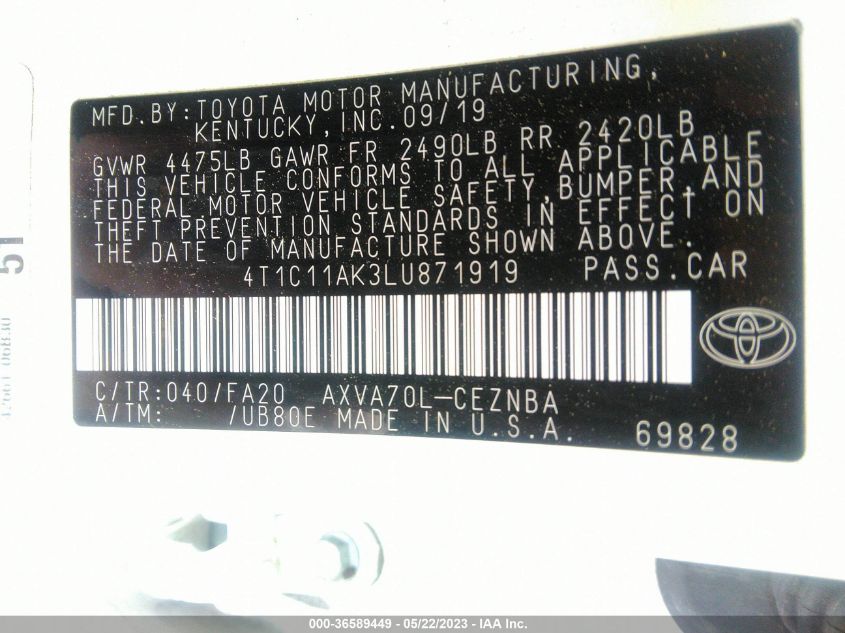 2020 TOYOTA CAMRY LE - 4T1C11AK3LU871919