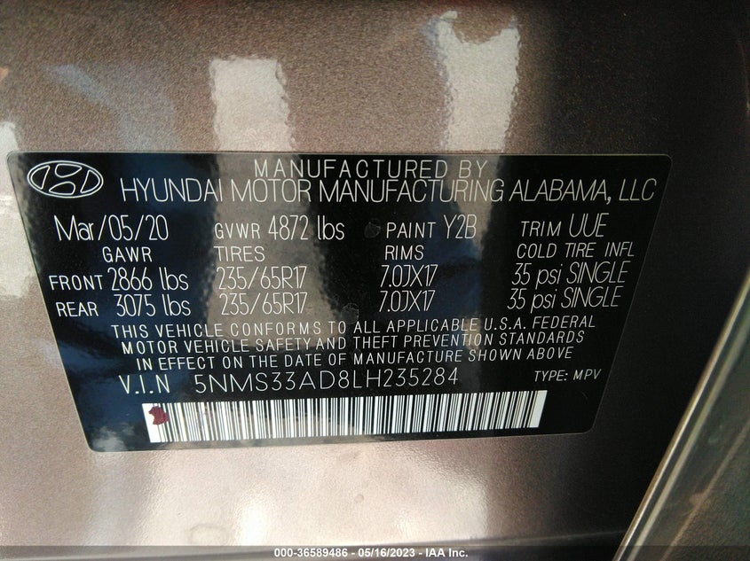 VIN 5NMS33AD8LH235284 2020 HYUNDAI SANTA FE SEL