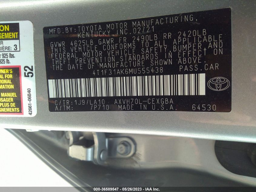 2021 TOYOTA CAMRY HYBRID XLE - 4T1F31AK6MU555438