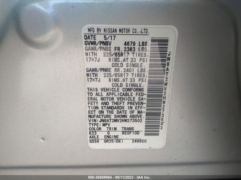 2017 NISSAN ROGUE SV - JN8AT2MV2HW273502