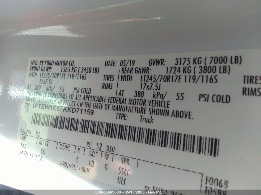 2019 FORD F-150 XL/XLT/LARIAT - 1FTEW1E57KKD71159