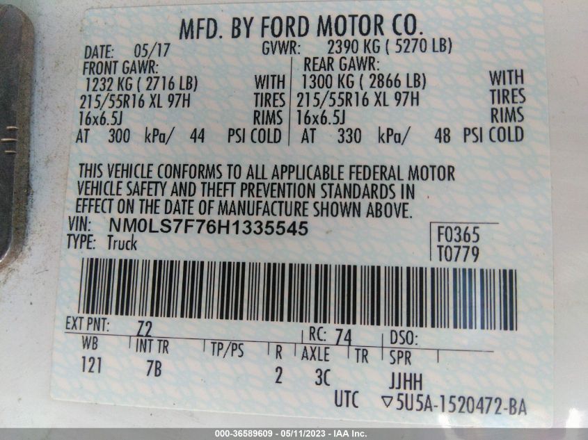 2017 FORD TRANSIT CONNECT VAN XLT NM0LS7F76H1335545