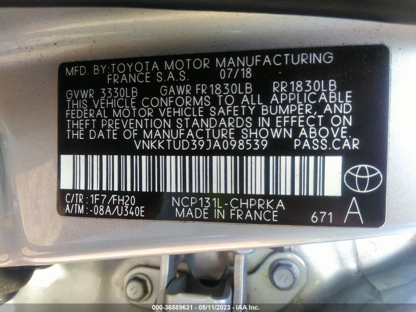 2018 TOYOTA YARIS L/SE/LE - VNKKTUD39JA098539