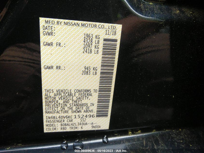 2019 NISSAN ALTIMA 2.5 SV - 1N4BL4DV6KC152496