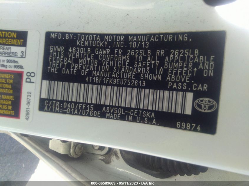 2014 TOYOTA CAMRY L/LE/XLE/SE/SE SPORT - 4T1BF1FK9EU752619