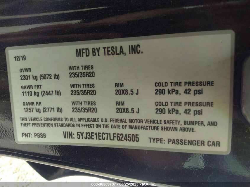 2020 TESLA MODEL 3 PERFORMANCE - 5YJ3E1EC7LF624505